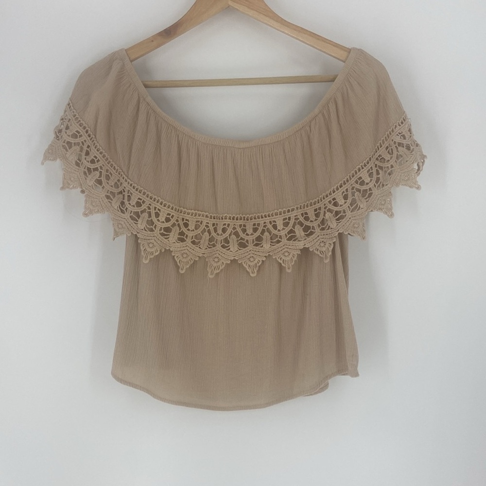 Ambiance boho beige cotton trim cropped top lace detail relaxed fit womens